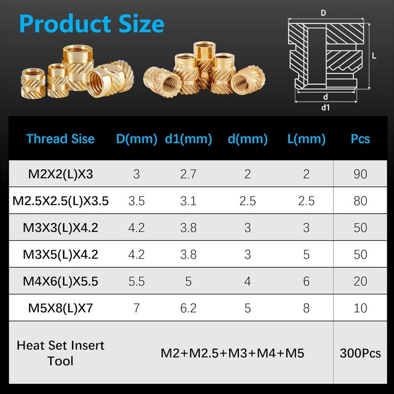 FFVRVSS 300+6Pcs M2 M2.5 M3 M4 M5 Premium Brass Threaded Inserts, Metric Brass Knurled Nuts Assortment Kit, with Heat Set Insert Tool, for Plastic and 3D Printing Components, All-in-one Solutions - Image 3